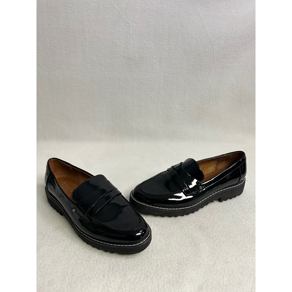 Dark Academia Franco Sarto Womens 8 Black Patent Cassandra Lug Penny Loafers